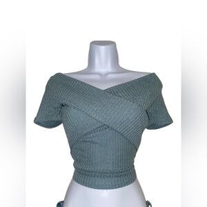 teal off the shoulder front cross rubbed crop top